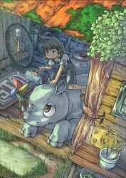 1girl animal black_eyes black_hair dress flower_pot grass hand_fan holding holding_fan moss mugi_sada original pinafore_dress pinwheel plant rhinoceros rug sandals shed short_sleeves sidelocks sleeveless sleeveless_dress trowel vines wheel wind_chime wooden_floor
