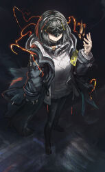 Rule 34 | 1girl, absurdres, arknights, arknights: endfield, black coat, black hair, black jacket, black pantyhose, black shoes, closed mouth, coat, endministrator (arknights), female endministrator (arknights), franlol, full body, hand up, highres, hood, hood down, hooded coat, jacket, long sleeves, open clothes, open jacket, pantyhose, shoes, short hair, smile, solo, standing, sweater, white sweater, wide sleeves