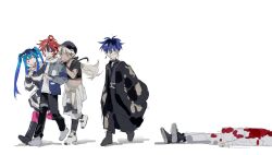 2girls 3boys amemiya_darumi aotsuki_eito black_bow black_hair black_hat black_pants black_skirt blonde_hair blood blood_on_clothes blue_hair bow corpse crop_top dark-skinned_female dark_skin earrings eyepatch grey_hoodie hand_on_another&#039;s_shoulder hat heart hoodie japanese_clothes jewelry kawana_tsubasa looking_to_the_side multicolored_hair multiple_boys multiple_girls omokage_yugamu pants pink_eyes pink_thighhighs pleated_skirt red_hair shirt skirt striped_clothes striped_shirt sumino_takumi the_hundred_line_-last_defense_academy- thighhighs twintails white_background white_pants