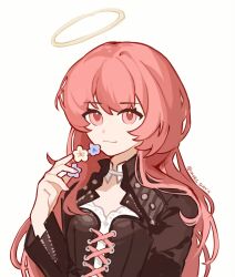 Rule 34 | 1girl, arknights, black jacket, blue flower, closed mouth, commentary, flower, halo, hand up, highres, jacket, lemuen (arknights), long hair, mo chen morc, pink eyes, pink hair, shirt, simple background, smile, solo, symbol-only commentary, twitter username, upper body, white background, white flower, white shirt