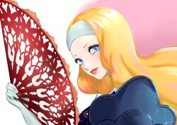 1girl armor blonde_hair blue_eyes commentary eightyfourart english_commentary gloves hairband hand_fan highres holding holding_fan junah_(metaphor:_refantazio) lips long_hair metaphor:_refantazio parted_lips pauldrons red_lips shoulder_armor single_pauldron solo very_long_hair white_gloves white_hairband