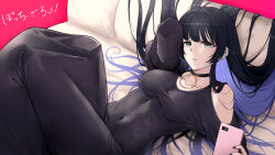 1girl absurdres arm_behind_back barbell_piercing bare_shoulders black_choker black_dress black_hair black_nails blunt_bangs bocchi_the_rock! breasts chin_piercing choker cleavage clenched_teeth closed_mouth clothing_cutout collarbone colored_inner_hair couch detached_sleeves dress ear_piercing earrings eyes_visible_through_hair goth_fashion green_eyes hair_between_eyes highres hime_cut holding holding_phone industrial_piercing jewelry labret_piercing large_breasts legs logo long_hair long_sleeves looking_at_viewer lsf_(805661342) lying mouth_piercing multicolored_hair nail_polish on_couch pa-san phone piercing purple_hair see-through_cleavage see-through_clothes simple_background sleeveless sleeveless_dress solo straight_hair teeth