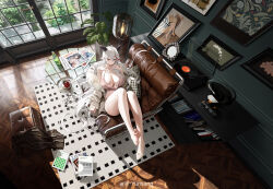 1girl absurdly_long_hair absurdres aegir_(azur_lane) aegir_(one-on-one_leisure_time)_(azur_lane) armchair artist_self-reference azur_lane black_horns book book_stack bookshelf border bottle breasts carpet chair cleavage clock closed_mouth coat coffee coffee_mug collarbone couch cup curled_horns cushion day digital_clock dragon_horns dress earrings english_text feet from_above fur-trimmed_coat fur-trimmed_jacket fur_trim glass grey_hair hair_between_eyes hair_flowing_over hair_spread_out highres horns huge_breasts indoors jacket jewelry knees_up lamp large_breasts legs long_hair long_sleeves looking_up lying magazine_(object) mug multicolored_hair nail_polish official_alternate_costume official_art on_back on_chair open_clothes open_jacket painting_(object) perrier_(brand) phone phonograph pillow pink_dress plant potted_plant record red_hair shadow shoes sidelocks single_shoe sitting sleeves_past_wrists smile soles solo spaghetti_strap st._louis_(an_afternoon_on_the_lido_deck)_(azur_lane) st._louis_(azur_lane) streaked_hair sunlight surcouf_(azur_lane) surcouf_(loisirs_balneaires)_(azur_lane) table taihou_(azur_lane) taihou_(seaside_daydreams)_(azur_lane) thighs tile_floor tiles toenails toes very_long_hair watermark weibo_username weibo_watermark white_jacket white_shoes window wooden_floor yellow_eyes yunsang