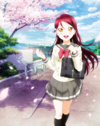 1girl artbook bag black_socks blush bow cherry_blossoms cloud day hair_ornament hairclip highres kneehighs long_hair looking_at_viewer love_live! love_live!_sunshine!! non-web_source official_art open_mouth outdoors petals pleated_skirt red_hair sakurauchi_riko school_bag school_uniform serafuku skirt sky smile socks solo tree uranohoshi_school_uniform winter_uniform yellow_eyes