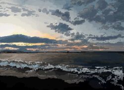 Rule 34 | beach, blue sky, cloud, cloudy sky, highres, hisachan55cute, mountainous horizon, no humans, original, pixel art, rock, scenery, shore, sky, sunrise, surf, waves