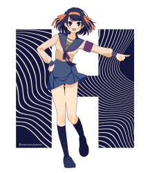 Rule 34 | 1girl, :d, armband, artist name, black background, black eyes, black footwear, black hair, black socks, blue sailor collar, blue skirt, blush, bob cut, breasts, commentary, dancing, dress shirt, full body, h (letter), hair ribbon, hair spread out, hairband, hand on own hip, hare hare yukai, highres, initial, kita high school uniform, kneehighs, loafers, long sleeves, messy hair, nananosmm, neck ribbon, open mouth, outstretched arm, pointing, purple armband, purple ribbon, ribbon, sailor collar, school uniform, serafuku, shirt, shoes, short hair, signature, skirt, small breasts, smile, socks, suzumiya haruhi, suzumiya haruhi no yuuutsu, twitter username, white background, white shirt, winter uniform, yellow hairband, yellow ribbon