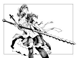 Rule 34 | 1girl, apron, artist name, bow, breasts, closed mouth, dress, flamberge, frilled headwear, greyscale, hair bow, highres, holding, holding sword, holding weapon, long hair, maid headdress, mole, mole under mouth, monochrome, original, pantyhose, pirata (gailtonatiu), ponytail, sidelocks, signature, small breasts, smile, solo, sword, weapon, zweihander
