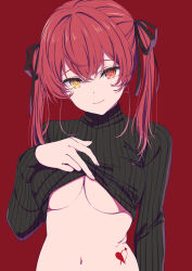 1girl anno_masato arm_at_side arrow_through_heart black_ribbon black_sweater breasts clothes_lift crossed_bangs embarrassed hair_between_eyes hair_ribbon head_tilt heterochromia highres hololive houshou_marine light_smile long_hair long_sleeves looking_at_viewer medium_breasts nail_polish navel pink_nails raised_eyebrows red_background red_eyes red_hair ribbon simple_background solo stomach stomach_tattoo straight-on striped_clothes sweater sweater_lift tattoo turtleneck turtleneck_sweater twintails underboob upper_body vertical-striped_clothes vertical-striped_sweater virtual_youtuber yellow_eyes