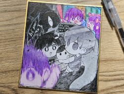 Rule 34 | 2girls, 4boys, aubrey (headspace) (omori), aubrey (omori), baseball bat, black eyes, black hair, black socks, black tank top, blue shirt, bright pupils, chibi, chibi only, closed mouth, colored skin, english text, expressionless, highres, holding, holding baseball bat, kel (headspace) (omori), kel (omori), long hair, multiple boys, multiple girls, okudo61 omori, omoli (omori), omori, omori (omori), open mouth, photo (medium), purple eyes, purple hair, shattered omori (omori), shirt, short hair, short sleeves, shorts, socks, something (omori), speech bubble, stranger (omori), striped clothes, striped shorts, t-shirt, tank top, traditional media, vertical-striped clothes, vertical-striped shorts, white pupils, white shorts, white skin