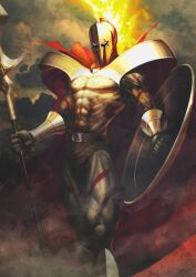 1boy abs arm_tattoo armor belt boots bracer briefs brown_background brown_male_underwear cape clenched_hands covered_face fate/grand_order fate_(series) feet_out_of_frame fire gold_armor helmet holding holding_polearm holding_shield holding_weapon leg_tattoo leonidas_(fate) male_focus male_underwear official_art pectorals polearm red_cape shield shima_udon shoulder_armor smoke solo spear standing tattoo third-party_source toned toned_male topless_male underwear veins weapon