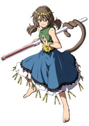 1girl barefoot brown_hair circlet dress highres holding inuno_rakugaki looking_at_viewer monkey_girl monkey_tail red_eyes simple_background smile solo son_biten tail touhou white_background