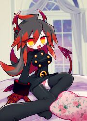 1girl ahoge bed_sheet belt black_dress black_hair black_thighhighs blush breasts brown_belt buttons colored_skin curtains demon_girl demon_tail dot_nose dress fang floral_print_panties funamusea funamusea_(artist) genderswap genderswap_(mtf) haiiro_teien huge_breasts ivlis_(funamusea) long_hair looking_at_viewer merchandise_available mixed-language_commentary multicolored_hair on_bed open_mouth panties pillow pink_panties red_hair sitting small_sweatdrop solo streaked_hair tail thighhighs underwear white_skin window yellow_eyes