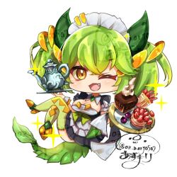 1girl az_(colorb05) black_dress breasts cake chibi chocolate_cake cleavage crossed_legs dragon_girl dragon_horns dragon_tail dress duel_monster fang food fruit full_body green_hair holding holding_tray horns large_breasts long_hair maid maid_headdress one_eye_closed open_mouth parlor_dragonmaid simple_background solo strawberry tail teapot tray twintails white_background yu-gi-oh!