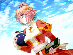 1girl :3 blush book breasts closed_mouth cloud commentary_request cowboy_shot creature cross day dress glasses high_priest_(ragnarok_online) holding holding_book juliet_sleeves long_sleeves looking_at_viewer medium_breasts pink_eyes pink_hair poring puffy_sleeves ragnarok_online red_dress sasamuke_pika sash short_hair sky slime_(creature) smile solo two-tone_dress white_dress white_sash