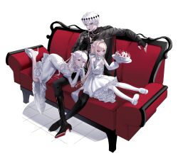 1boy 2girls absurdres alternate_costume black_boots black_gloves black_jacket black_pants boots brown_hair cake couch crossed_ankles detached_sleeves dress epaulettes fingerless_gloves food fork frilled_dress frills gloves hair_intakes hair_ribbon high_heel_boots high_heels highres holding holding_fork holding_plate jacket juliet_sleeves knee_boots kuzuha_(nijisanji) lapels long_hair long_sleeves looking_at_viewer lying lying_on_person makaino_ririmu mouth_hold multicolored_hair multiple_girls nijisanji off-shoulder_dress off_shoulder on_stomach open_mouth own_hands_together pants pantyhose petticoat phzimi000 pink_eyes pink_hair plate pointy_ears puffy_long_sleeves puffy_sleeves red_eyes ribbon shiina_yuika shoes short_hair simple_background single_epaulette sitting sitting_on_lap sitting_on_person smile streaked_hair tiara two-tone_hair utensil_in_mouth virtual_youtuber white_background white_dress white_gloves white_hair white_pantyhose white_shoes