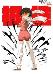 Rule 34 | 1girl, absurdres, aura, boots, closed mouth, commentary, cosplay, crossed arms, dark aura, dated, female focus, fringe trim, from behind, girls und panzer, highres, isobe noriko, jumpsuit, knee boots, long sleeves, looking at viewer, looking back, nono (top wo nerae 2!), nono (top wo nerae 2!) (cosplay), one-hour drawing challenge, pink jumpsuit, scarf, shiina excel, short hair, short jumpsuit, smile, solo, standing, sunglasses, text background, thighhighs, tinted eyewear, top wo nerae! (series), top wo nerae 2!, translated, twitter username, watermark, white background, white boots, white scarf, white thighhighs, wind, yellow-tinted eyewear
