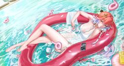1girl absurdres alternate_costume bare_legs barefoot braid breasts casual_one-piece_swimsuit changli_(wuthering_waves) closed_mouth commentary cup drinking_glass drinking_straw feet hair_between_eyes hair_extensions hair_ornament highres large_breasts legs long_hair looking_at_viewer multicolored_hair nick_laojiao one-piece_swimsuit orange_hair ring_hair_extensions smile solo swim_ring swimsuit toes twin_braids two-tone_hair very_long_hair water wet white_hair white_one-piece_swimsuit wuthering_waves yellow_eyes