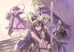 1boy 1girl armor blonde_hair book brown_hair cape cloak commentary_request gloves hood mace mask necromancer nekumun nessiah_(yggdra_union) revision skeleton spiked_mace spikes sword valkyrie valkyrie_(yggdra_union) weapon yggdra_union