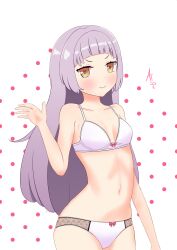 1girl absurdres ai_haruka bare_shoulders bra breasts breasts_apart collarbone commentary cowboy_shot highres hololive long_hair looking_at_viewer murasaki_shion navel panties polka_dot polka_dot_background purple_hair signature solo underwear white_bra white_panties