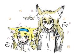 2girls :d ^_^ alternate_costume animal_ears arknights black_eyes blonde_hair blue_hairband blush closed_eyes closed_mouth commentary_request cropped_torso drawstring ear_blush eyes_visible_through_hair facial_scar flower_symbol green_eyes hair_between_eyes hairband heart hood hood_down hoodie korean_commentary long_hair looking_at_viewer mikkaeng mother_and_daughter multiple_girls oekaki open_mouth scar scar_on_cheek scar_on_face smile spoken_smile suzuran_(arknights) twitter_username vulpisfoglia_(arknights) watermark white_hoodie