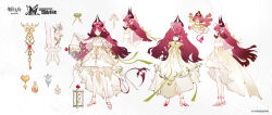 1girl ahoge ambience_synesthesia arknights breasts chibi chibi_inset chinese_commentary commentary_request concept_art copyright_name demon_girl demon_horns dress flower frilled_gloves frills from_behind gloves hair_flower hair_ornament high_heels highres horns hourglass jewelry jumping long_hair looking_at_viewer multiple_views nymph_(arknights) official_art pink_shoes pointy_ears profile red_eyes red_hair reference_sheet rose shoes sidelocks small_breasts smile thighhighs white_dress white_flower white_gloves white_rose white_thighhighs yuji_(fantasia)