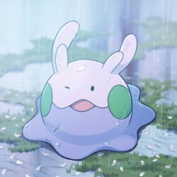 antennae cherry_blossoms day gen_6_pokemon goomy grass highres nintendo no_humans numera_goomy one_eye_closed open_mouth outdoors petal_on_head petals pokemon pokemon_(creature) rain solid_oval_eyes solo wet