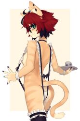 1girl aeiou_(yoako) ahoge animal_ear_fluff animal_ears animal_nose aqua_eyes aqua_nails artist_name ass back bare_back black-framed_eyewear black_choker black_hair black_thighhighs body_fur breasts cat_ears cat_girl cat_tail choker commentary cowboy_shot cup english_commentary english_text frilled_slingshot_swimsuit frills from_behind furry furry_female glasses highres holding holding_tray looking_at_viewer looking_back maid meme_attire mug mug_writing multicolored_hair multicolored_nails nail_polish original paid_reward_available power_symbol-shaped_pupils purple_nails red_hair revision short_hair simple_background slingshot_swimsuit small_breasts smirk solo swimsuit symbol-shaped_pupils tail thighhighs tray two-tone_background two-tone_hair unconventional_maid white_background wrist_cuffs yellow_background yoako yuio_maid_dress