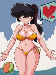 1990s_(style) 1girl absurdres bikini black_hair breasts cleavage commission day gold_bikini grey_hair heart highres kunou_kodachi large_breasts long_hair looking_at_viewer miwijag1997 navel pixiv_commission ponytail ranma_1/2 retro_artstyle smile solo swimsuit