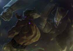 1boy 1other birthmark blonde_hair clenched_hand colored_skin commentary dio_brando dio_brando&#039;s_pose_(jojo) from_behind glowing glowing_eyes glowing_scar goddamnmushroom grey_skin highres joestar_birthmark jojo_no_kimyou_na_bouken jojo_pose looking_at_viewer male_focus medium_hair muscular muscular_male pants purple_eyes scar scar_on_neck stand_(jojo) stardust_crusaders the_world topless_male yellow_pants