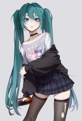 1girl absurdres aqua_eyes aqua_hair black_choker black_jacket black_skirt black_thighhighs blush can choker cowboy_shot earrings eyeshadow grey_background grey_shirt hatsune_miku highres holding holding_can jacket jewelry kuromi long_hair looking_at_viewer makeup my_melody onegai_my_melody parted_lips plaid_clothes plaid_skirt pleated_skirt pr_ponnyan print_shirt russia sanrio shirt simple_background skirt solo thighhighs torn_clothes torn_thighhighs twintails very_long_hair vocaloid worldwide_miku