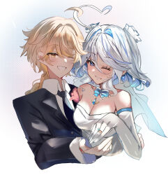 1boy 1girl absurdres aether_(genshin_impact) ahoge alternate_costume bare_shoulders bimmy black_jacket black_necktie blonde_hair blue_bow blue_eyes blue_hair bow braid braided_ponytail breasts bridal_veil bride cleavage commentary dress dress_shirt earrings elbow_gloves english_commentary furina_(genshin_impact) genshin_impact gloves grin groom hair_between_eyes hetero highres husband_and_wife interlocked_ahoge jacket jewelry long_hair looking_at_viewer male_focus multicolored_hair necklace necktie one_eye_closed ring shirt short_hair shoulder-to-shoulder simple_background smile strapless strapless_dress streaked_hair textless_version veil wedding_dress wedding_ring white_dress white_gloves white_hair white_shirt yellow_eyes