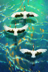 animal_focus artist_name bird commentary crane_(animal) english_commentary fish flight flying highres koi original red-crowned_crane signature water waves yuumei
