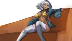 1girl alternate_breast_size aqua_eyes arm_support ass asticassia_school_uniform bikini bikini_under_clothes blackleo2090 blue_eyes breasts cleavage cowboy_shot curvy dark-skinned_female dark_skin eyelashes gold_bikini grin gundam gundam_suisei_no_majo highleg highleg_bikini highres jacket large_breasts legs_together looking_at_viewer nail_polish narrow_waist naughty_face navel open_clothes open_jacket secelia_dote shiny_skin short_hair sitting sketch smile smug solo swimsuit thick_thighs thighhighs thighs thong thong_bikini white_background white_hair white_thighhighs wide_hips