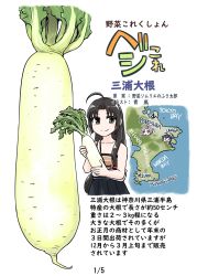 3girls ahoge antenna_hair bandeau black_hair braid food grey_hair hadanugi_dousa hair_flaps highres holding japanese_clothes kantai_collection kimono kinugasa_(kancolle) long_hair map multiple_girls one_eye_closed one_side_up open_clothes open_kimono open_mouth radish seiran_(mousouchiku) shigure_(kancolle) shouhou_(kancolle) smile translation_request vegetable