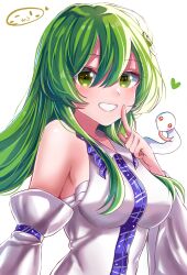 1girl absurdres breasts collarbone collared_shirt commentary_request detached_sleeves frills frog_hair_ornament green_eyes green_hair hair_between_eyes hair_ornament hand_up heart highres index_finger_raised kochiya_sanae long_hair long_sleeves looking_at_viewer medium_breasts minchia_(wncm5544) nontraditional_miko sarashi shirt sidelocks sleeveless sleeveless_shirt smile snake solo teeth tongue tongue_out touhou white_shirt white_sleeves wide_sleeves