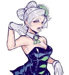 Rule 34 | + +, 1girl, alternate species, bare shoulders, black dress, bow-shaped hair, breasts, cleavage, dancho no mori, detached collar, dress, eyeshadow, fangs, food, food on head, gloves, grey eyeshadow, half-closed eyes, hand up, humanization, large breasts, looking at viewer, makeup, marie (splatoon), marie (squid sisters outfit) (splatoon), mole, mole under eye, nintendo, object on head, open mouth, orange eyes, pink lips, short dress, short hair, solo, splatoon (series), splatoon 1, strapless, strapless dress, upper body, white gloves