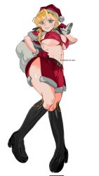 Rule 34 | 1girl, azur lane, bikini, black boots, blonde hair, blue eyes, boots, breasts, capelet, christmas, commission, earrings, full body, fur-trimmed capelet, fur-trimmed headwear, fur trim, gift, gloves, grin, hand on own hip, hat, highres, holding, holding sack, hood (azur lane), jewelry, knee boots, large breasts, long hair, looking at viewer, red bikini, red capelet, red gloves, red hat, red shorts, riding boots, sack, santa bikini, santa costume, santa hat, shorts, simple background, smile, snowflake earrings, solo, swimsuit, white background, yongsadragon