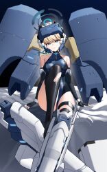 1girl absurdres black_gloves black_thighhighs blonde_hair blue_archive blue_eyes blue_halo blue_leotard elbow_gloves fingerless_gloves gloves halo highres leotard looking_at_viewer parted_lips porcelainsphere single_thighhigh sitting solo teeth thighhighs toki_(blue_archive) torn_clothes torn_thighhighs