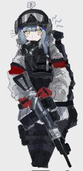 ! 1girl assault_rifle bag camouflage closed_mouth cropped_legs girls&#039;_frontline gloves goggles goggles_on_headwear grey_background gun h&amp;k_hk416 helmet highres hk416_(fang)_(girls&#039;_frontline) hk416_(girls&#039;_frontline) holding holding_gun holding_weapon last_man_battalion looking_at_viewer mask mask_around_neck odmised official_alternate_costume red_gloves respirator rifle simple_background snow_camouflage solo speech_bubble spoken_exclamation_mark tactical_clothes tom_clancy&#039;s_the_division vest_pouch weapon winter_uniform yellow_eyes
