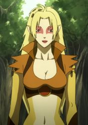 1girl antenna_hair blonde_hair breasts brown_eyes cheetara cleavage crop_top female_focus fur long_hair navel official_art pointy_ears screencap solo thundercats