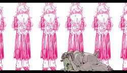 1girl absurdres animal_ears antlers blonde_hair body_fur bouquet commentary cosplay deer_antlers deer_ears deer_girl deer_tail deltarune dress elbow_gloves english_commentary flower furry furry_female gloves goomyloid hands_on_own_head highres holding holding_bouquet hooves horns kneeling letterboxed long_skirt mixed-language_commentary momoiro_no_kagi_(vocaloid) noelle_holiday romaji_commentary sketch_inset skirt solo standing tail white_background white_dress white_gloves