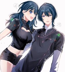 Rule 34 | 1boy, 1girl, absurdres, black shirt, black shorts, blue eyes, blue hair, breasts, cleavage, cleavage cutout, clothing cutout, commentary request, female byleth (fire emblem), fire emblem, fire emblem: three houses, highres, large breasts, long hair, looking at viewer, male byleth (fire emblem), midriff, navel, nintendo, shirt, short hair, short shorts, shorts, simple background, smile, speech bubble, tani11a, thought bubble, white background