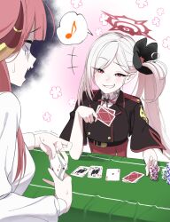 2girls aru_(blue_archive) black_jacket blue_archive card cropped_jacket flower grin hair_flower hair_ornament halo highres holding holding_card horns jacket long_hair long_sleeves looking_at_another multiple_girls musical_note mutsuki_(blue_archive) pink_hair playing_card poker poker_chip red_eyes red_halo shaded_face shirt side_ponytail slit_pupils smile smirk spoken_musical_note syamen_amygdala white_hair white_shirt