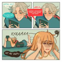 1boy 1girl barefoot black_shirt black_shorts blonde_hair blush border cellphone chating closed_mouth hands_up highres moon_(tubian_yingxiong) nice_(to_be_hero_x) open_mouth phone purple_eyes shirt shorts smile to_be_hero_x to_be_hero white_border white_hair white_shirt yueqing_xiao zhadly_ded