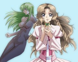 Rule 34 | 2girls, body markings, breasts, brown hair, c.c., code geass, completely nude, dress, green hair, gundam, gundam seed, highres, hirai hisashi (style), long hair, medium breasts, multiple girls, nude, nunnally vi britannia, parody, purple eyes, simple background, yamabuki tt, yellow eyes