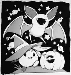 candy fangs food gen_1_pokemon greyscale hat ink_(medium) jack-o&#039;-lantern monochrome nintendo no_humans oddish open_mouth pokemon pokemon_(creature) smile star_(symbol) star_symbol_background traditional_media witch_hat zombiedaisuke zubat