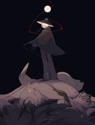 1other androgynous antennae black_cloak black_hat black_pants bug cable claws cloak dead_animal full_moon hat highres insect light_bulb moon moth object_head original other_focus pants pile_of_corpses sannota272 standing