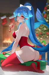 1girl ass bao_(vtuber) blue_hair blurry blurry_background box breasts candy candy_cane cetacean_tail christmas_tree commentary english_commentary feet fins fireplace fish_tail food fur-trimmed_legwear fur-trimmed_leotard fur_trim gift gift_box highres holding holding_candy holding_candy_cane holding_food indie_virtual_youtuber kneeling legs leotard long_hair looking_at_viewer medium_breasts mirowin no_shoes red_eyes red_leotard red_thighhighs second-party_source soles solo tail thighhighs very_long_hair virtual_youtuber whale_girl