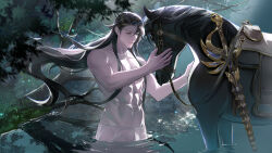 1boy abs black_hair black_horse brown_eyes character_request chinese_commentary closed_mouth commentary_request copyright_request cowboy_shot day eyelashes fingernails floating_hair forest guaisanmu highres horse lake lips long_hair long_sidelocks looking_at_animal male_focus nature outdoors pants pectorals petting reins ripples saddle sidelocks smile solo toned toned_male topless_male very_long_hair wading white_pants