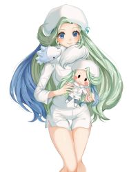1girl aged_down blue_eyes blush breasts character_doll closed_mouth commentary_request doll earrings eyelashes fur_hat gen_8_pokemon gym_leader hat highres holding holding_doll hwarin jewelry long_hair looking_at_viewer mature_female melony_(pokemon) multicolored_hair nail_polish nintendo on_shoulder pokemon pokemon_(creature) pokemon_on_shoulder pokemon_swsh shorts simple_background smile snom thigh_gap very_long_hair white_background white_headwear white_shorts